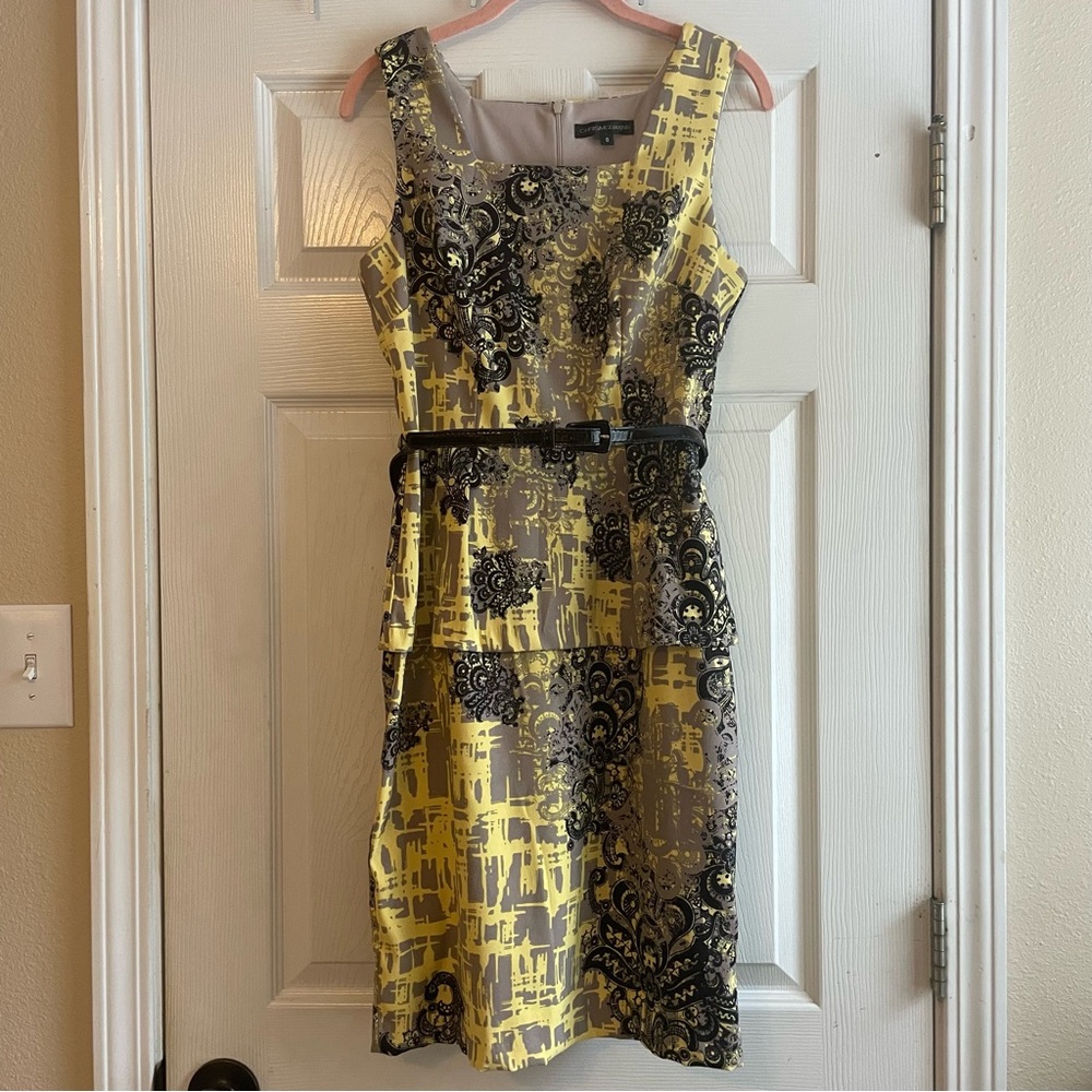Chris McLaughlin Size 8 Yellow Black Tan Midi Dress Zip Back Black Belt